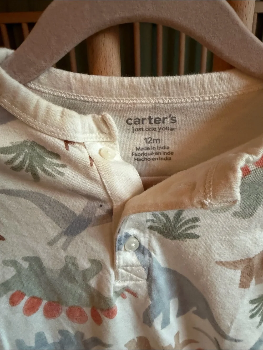 Carter's Cream Short Sleeve Dino Print Romper with Coral and Sage Accents